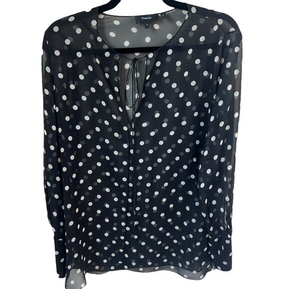 THEORY Petite Polka Dot Black & Cream Sheer Tie Blouse - Picture 2 of 11